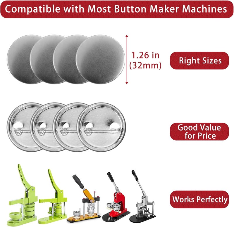 Onemorello 200 Sets Button Maker Supplies, 32mm / 1.26 inch Button Supplies Buttons Parts, (Approx. 1.25 inch) Metal Blank Badge Parts with Blank Paper for Buttons Maker Machine Pin Maker Press - Image 3
